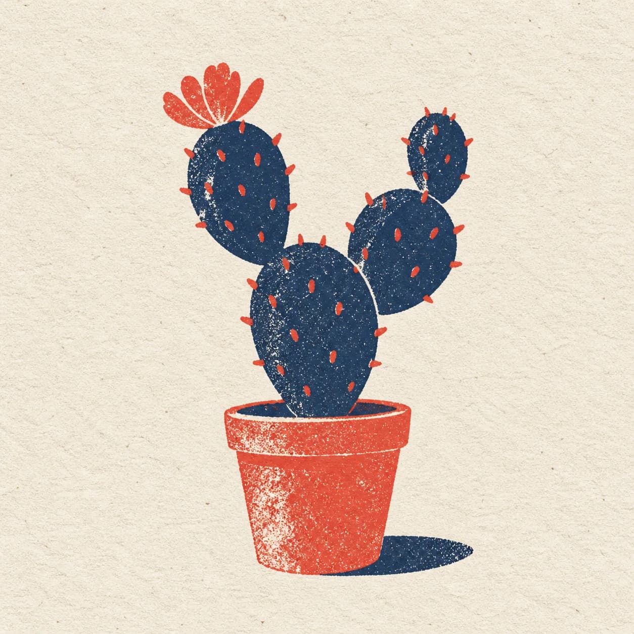Original coral-and-navy cactus print on textured paper used as a style reference
