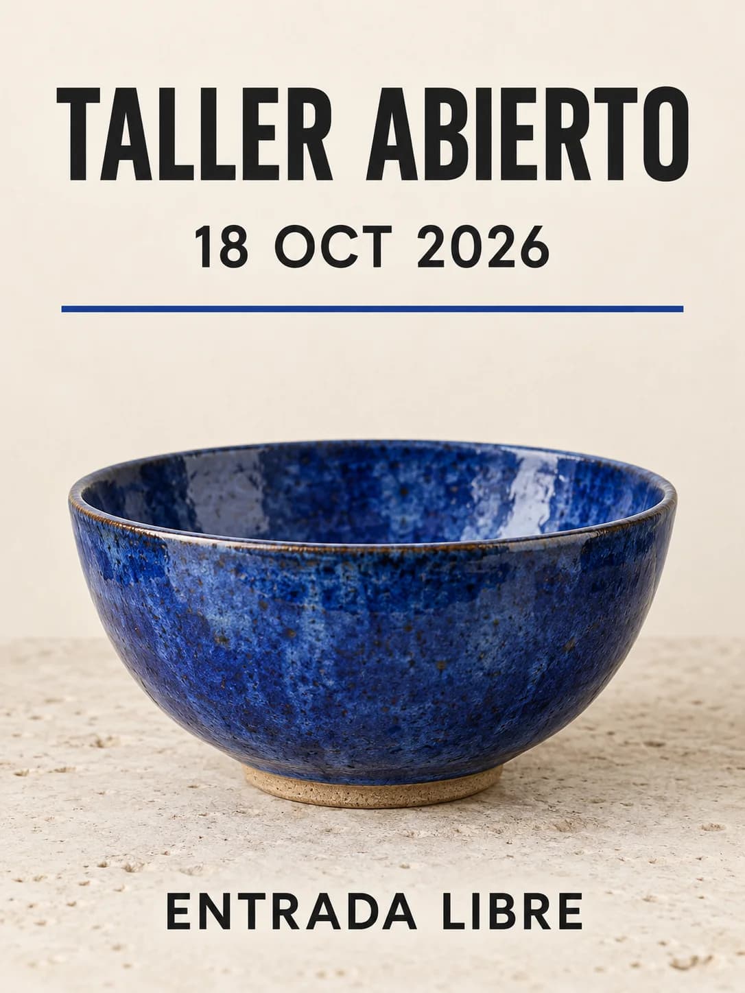Generated ceramics poster reading TALLER ABIERTO, 18 OCT 2026, and ENTRADA LIBRE