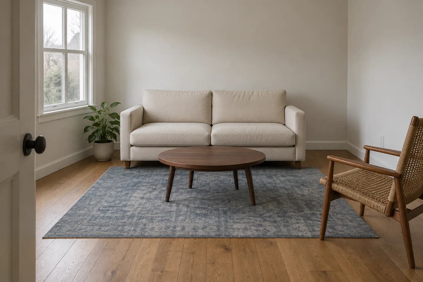 Synthetic living-room reference with a blue rug, cream sofa, four-pane window, round table, and woven chair