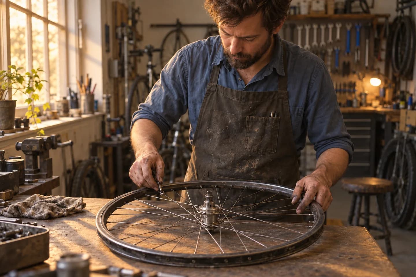 The workshop lighting edit with warmer directional sunlight across the same mechanic and wheel