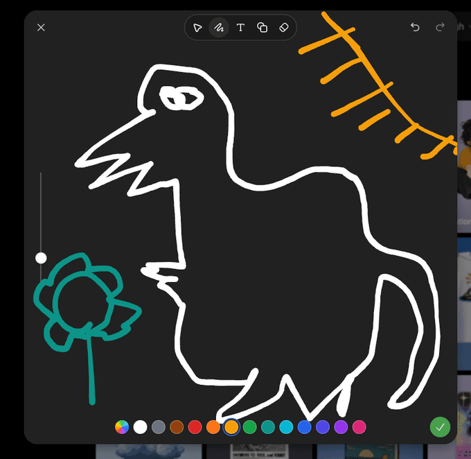 Simple white bird sketch with a teal flower and orange branch on a dark canvas