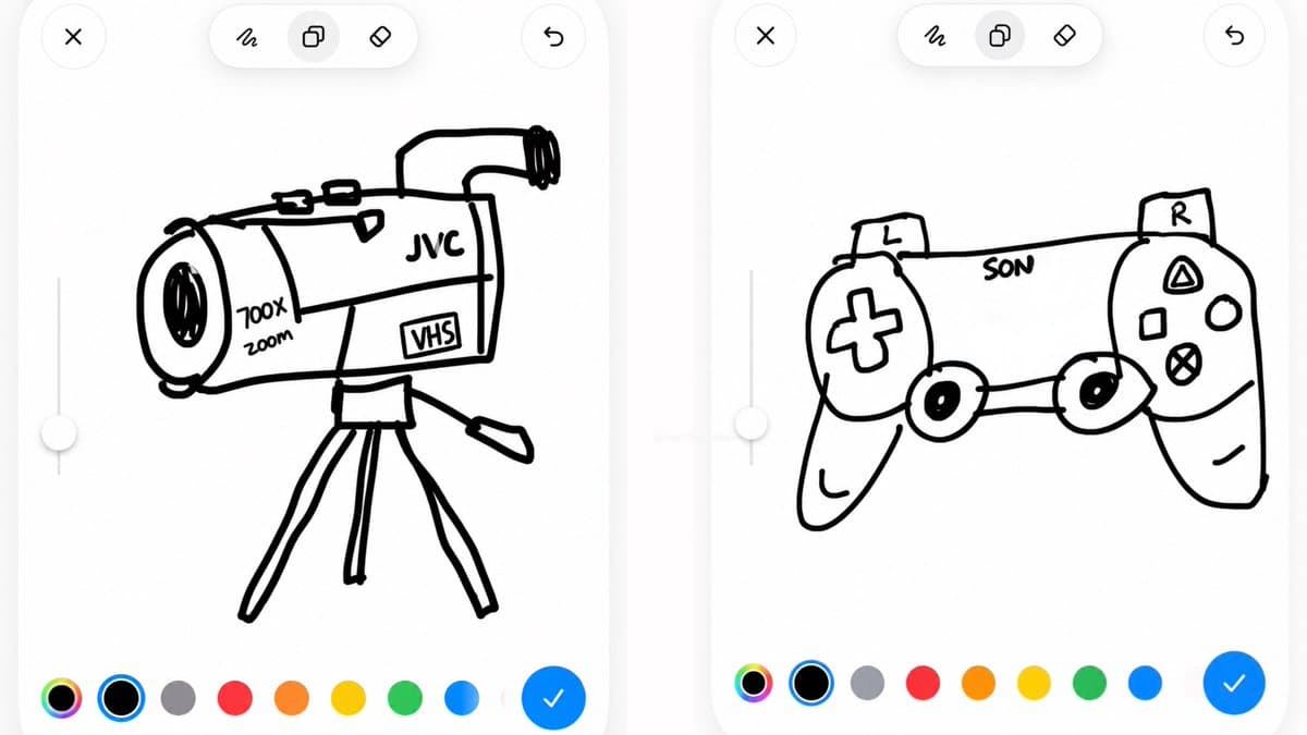 Black line sketches of a camcorder and game controller on white drawing canvases