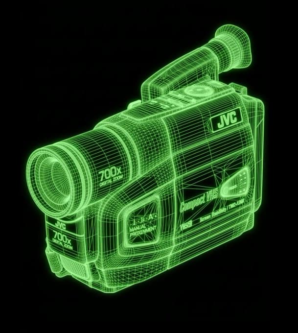 Green wireframe rendering of a vintage JVC camcorder on a dark background