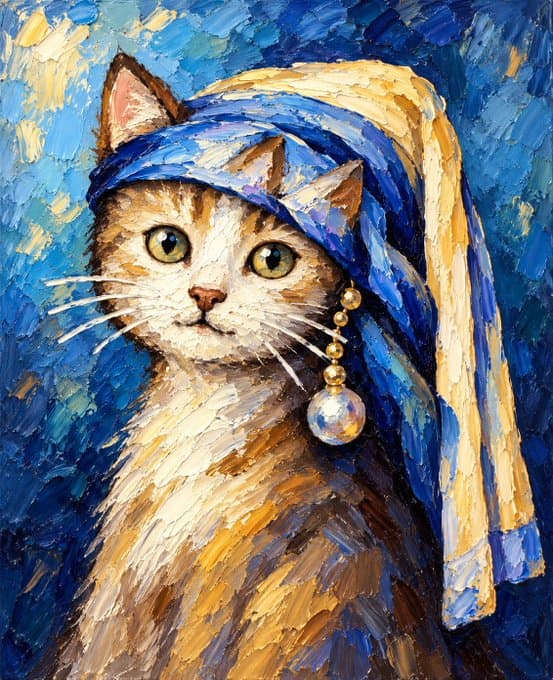 Textured oil painting of a cat wearing a blue and gold head covering with a pearl ornament