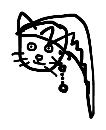 Simple black line drawing of a cat wearing a head covering and hanging ornament