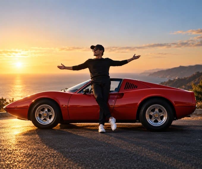 Photorealistic person standing beside a red sports car on a coastal road at sunset