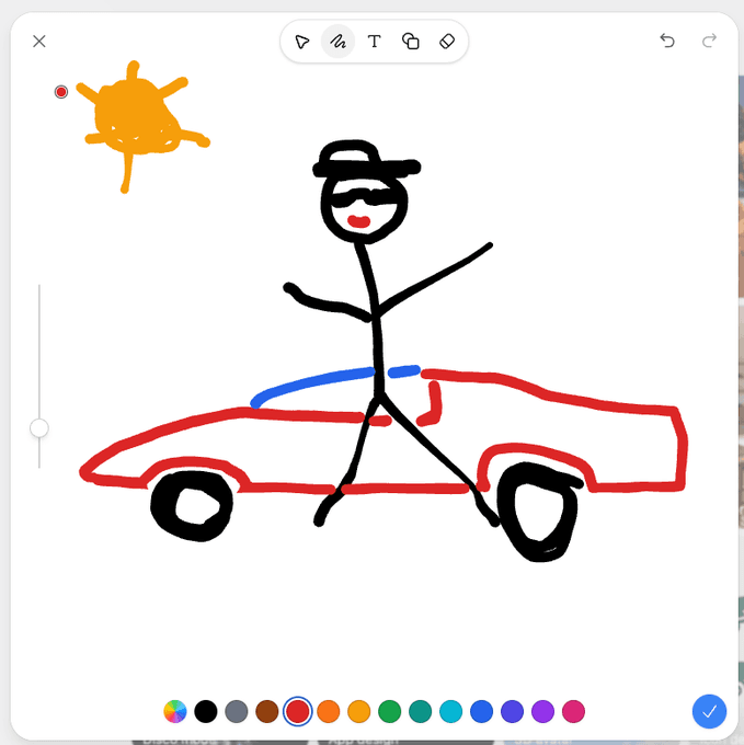 Simple drawing of a person standing in front of a red sports car beneath an orange sun